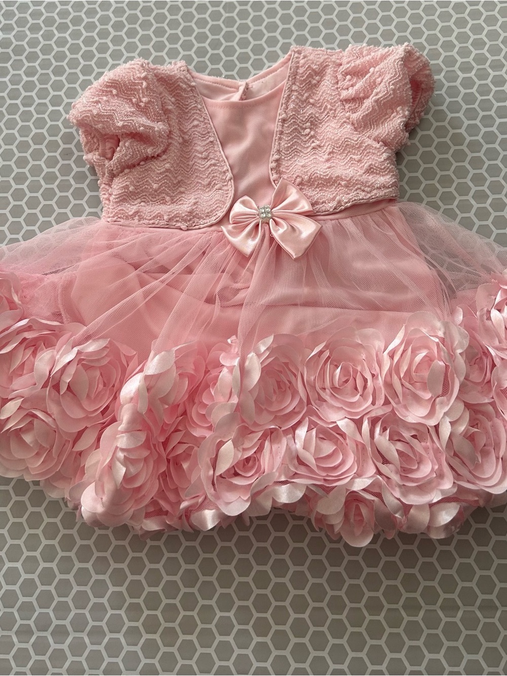 Pink Rose-Appliqué Baby Dress with Bow. Size 18M